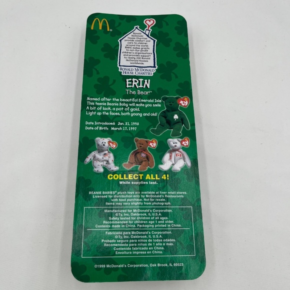 Ty McDonalds’s Beanie Baby Erin the Bear 1997 Retired Plush Toy New in Box - Picture 2 of 6